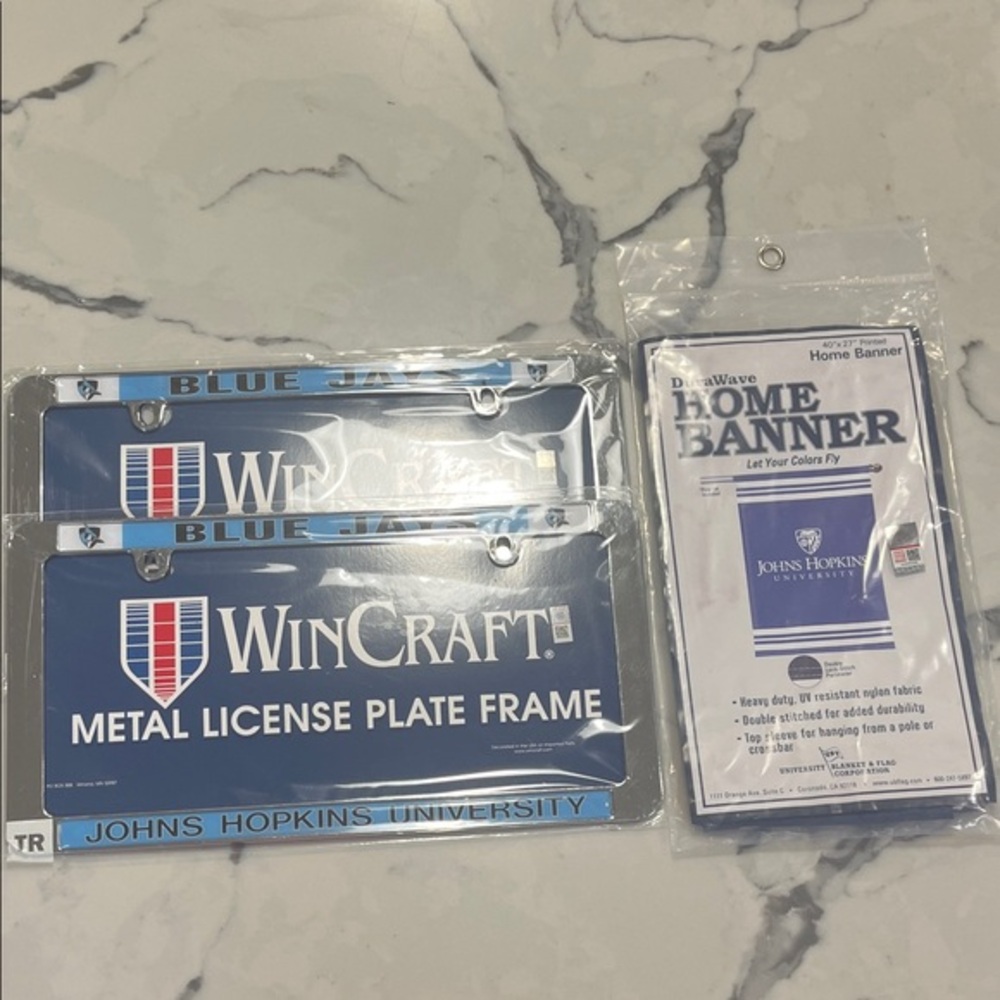 John Hopkins metal license plate frames and home banner